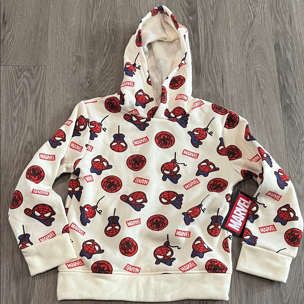 Marvel Cream Hoodie with Red and Blue Spider-Man Graphics